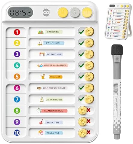 Chore Chart for Kids with Timer, 21 PCS Checklist Magnetic Schedule Board, ADHD Tools with 99-Min Countup/Down Visual Timer, Bedtime/Morning/Daily Routine Chart Dry Erase to Do List with Slider(White) by Home
