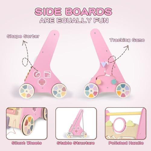 LOL-FUN Wooden Baby Walker for Girl 12 Months Baby Push Walker Pink Toy - Image 6