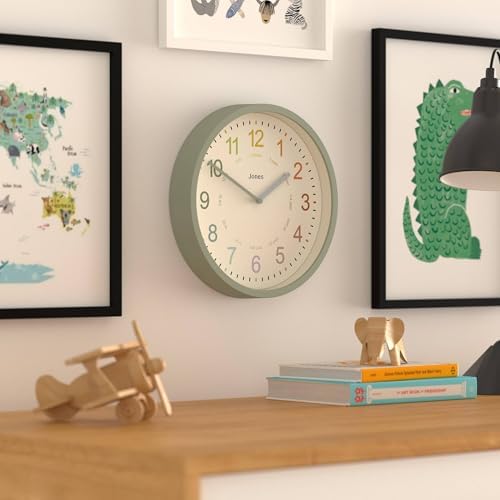 JONES CLOCKS® Kids wall Clock | Small Modern Children’s Nursery Clock | 10" | Sage Green | Colourful dial for Learning to Tell the time - Image 4