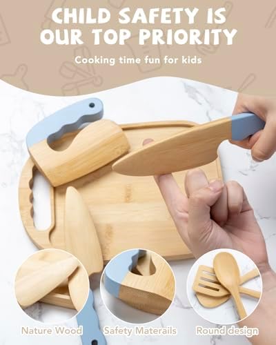 Wooden Kids Cooking Set Montessori Kit - Real Toddler Kitchen Tools & Baking Utensils - 30PCS Cooking Kit for Kids with Storage Bag, Great Gift for Pretend Play & Montessori Learning (Blue) - Image 3
