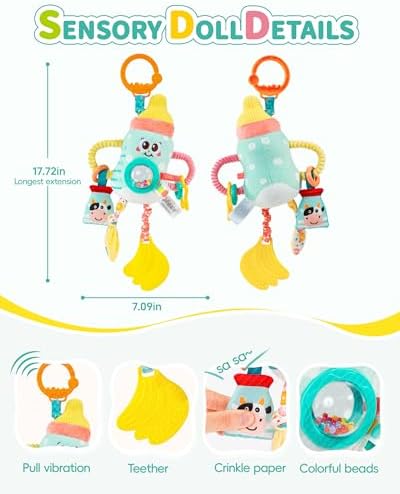 Jollybaby Baby Pull Vibration Toy - Tummy Time Sensory Hanging Toys for Car Seat, Stroller, Crib & Play Gym, with Babier Teether, Airplane Travel Toys for Toddlers Gift - Baby Bottle - Image 4