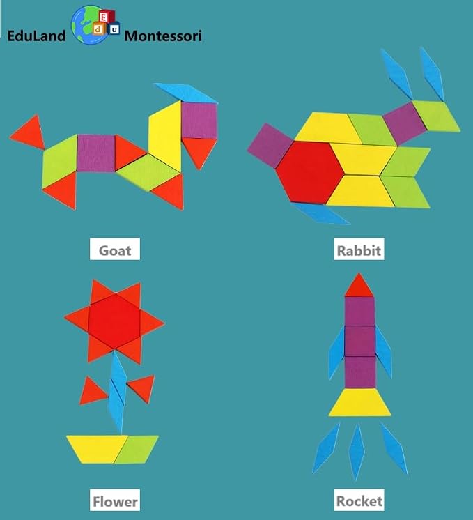 Math/Sensorial - Shapes Construction Set 155 Pcs Wooden Pattern Blocks Geometric Shape Puzzle Classic Educational Montessori Tangram Shapes Toys for Kids Ages 3-8 with 24 Pcs Cards - Image 3