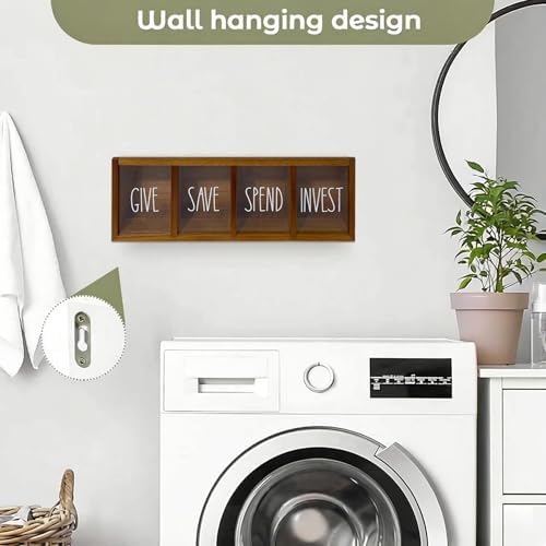 Save Spend Give Bank for Kids, 4-Slot Wall-Mounted Savings Box with Magnetic Lids, Visual Money Saving Box for Bedroom, Living Room, Laundry Room - Brown - Image 2