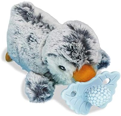 RaZbaby Penguin RaZbuddy w/RaZberry Teething Relief Pacifier – Soothes Sore Gums w/Nature-Inspired Texture, 100% BPA-Free Silicone Teether, Detachable Stuffed Animal – 3 Months+ Teether, Blue by RaZbaby