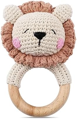 Wooden Baby Rattle，Crochet Lion Rattle with Wood Ring, Newborn Wooden Animal Rattle Toy，Infant Lion Wood Rattle Toys by Chriswell