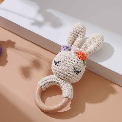 Natural Hand-Knit Wooden Baby Rattle - Soft Animal Shaped Sensory Toy for Newborns, Infants | Safe Beechwood & Crochet Texture | Perfect Baby Shower Gift - Image 5
