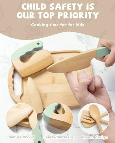 Wooden Kids Cooking Set Montessori Kit - Real Toddler Kitchen Tools & Baking Utensils - 30PCS Cooking Kit for Kids with Storage Bag, Great Gift for Pretend Play & Montessori Learning (Green) - Image 5
