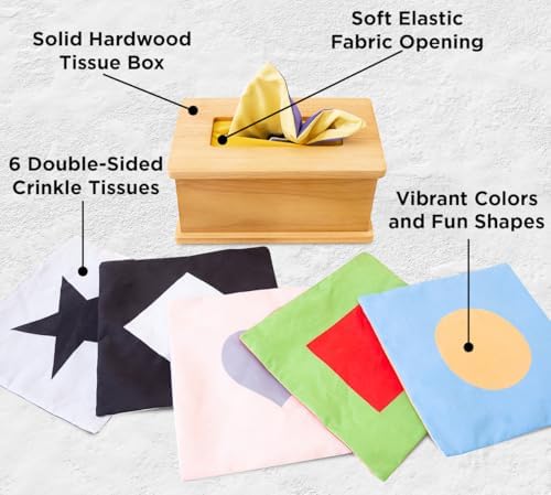 Sensory Tissue Box Toy for Babies 6-12 Months - Montessori Baby Tissue Box with Crinkle Paper, Natural Wooden Toy for Infants - Image 2