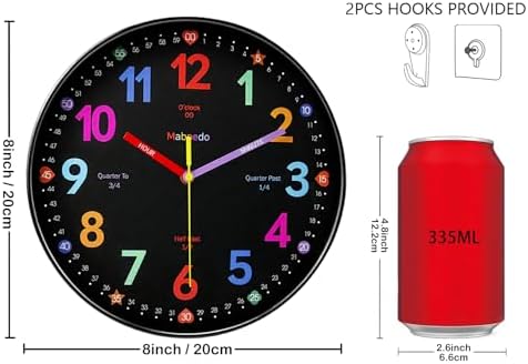 Colorful Teaching Wall Clock, 8 Inch Learning Classroom Clock, Battery Operated Silent Analog Clocks for Bedroom Classroom Decor, Homeschool Supplies Telling Time Teaching Clocks for Kids - Image 3