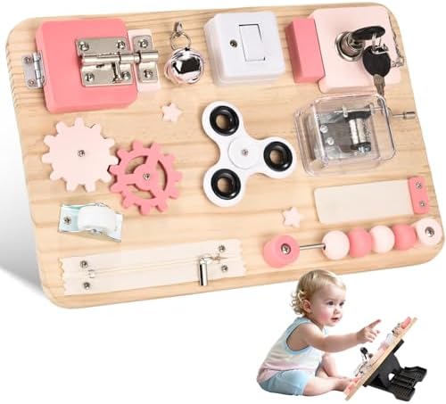 Potatomato Pink Montessori Wooden Busy Board – Sensory Toy for Toddlers – Educational Activity Board for Kids Fine Motor Skills– Travel Fidget Toy for Girls & Boys – Birthday Gift for Autism & ADHD by Potatomato