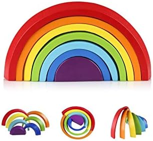 Coogam Wooden Rainbow Stacker Nesting Puzzle Blocks - Tunnel Stacking Game Building Creative Color Shape Matching Jigsaw Learning Toy Set Board Early Development for Kids Boy Girl by Coogam