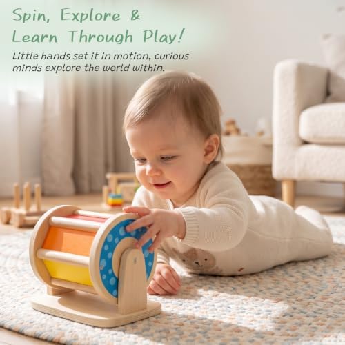 WOODENFUN Montessori Spinning Drum Baby Toys Wooden Tummy Time Mirror Kit - Image 6