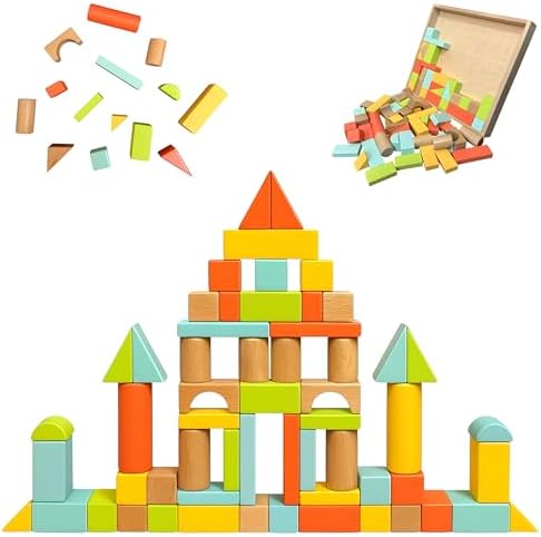 Natural Wood Building Blocks Set, 72 Pastel Color Pieces Castle Construction Blocks with Storage Tray, Educational STEM Learning Toys for Kids, Creative, Screen-Free, Architectural Play System by MODCOMPLETE