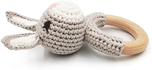 Joliecraft Natural Wooden Baby Rattle Soft Shaker Toy with Teething Ring for Infants Gray Bunny - Image 2