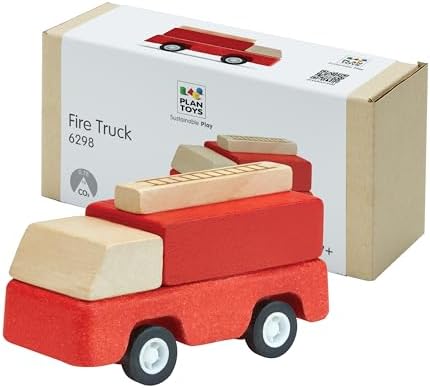 PlanToys® Fire Truck Wooden Montessori Vehicle Kids Indoor Outdoor Play Toy by PlanToys