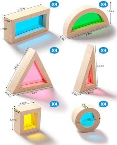 Wooden Blocks, Acrylic Windows, 24pc, 4 Colors, 6 Shapes - Image 5