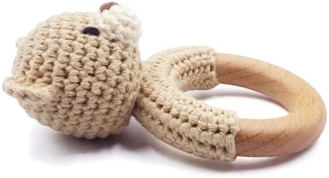 Joliecraft Safari Animals Wooden Baby Rattle Toys Stuffed Crochet Rattle with Teether Ring for Newborn, Beige Bear - Image 2