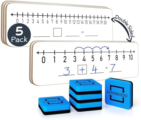SCRIBBLEDO Dry Erase Number Line Board 12x4 Double Sided 5 Pack with Eraser by Scribbledo