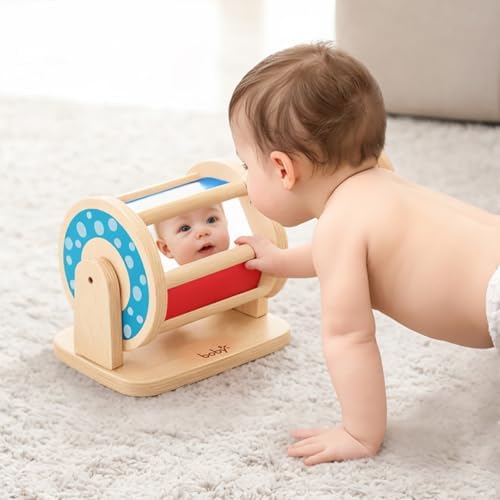 Dailyfunn Montessori Toys Wooden Spinning Drum Tummy Time Floor Mirror Toy for Babies Toddlers 1-3 Years Old - Image 6