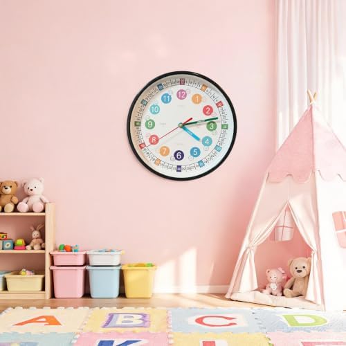 Learning Time 8 Inch Wall Clock for Kids,Non-Ticking Kids Colorful Clock,Silent Wall Clock Decorative for Kids Room ，School Classroom（Black，8 Inch） - Image 4