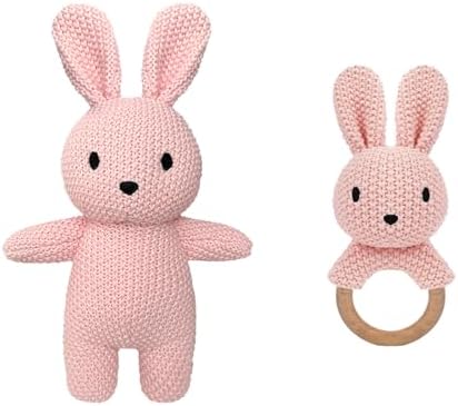 12" Handmade Crochet Rabbit Stuffed Animal, Baby-Safe Cotton Plush with Rattle, Hypoallergenic Toy for Newborns 0-12 Months, Ideal Baby Shower & 1st Birthday Gift by Okegztoa