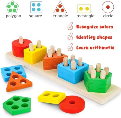 LovesTown Stacking and Sorting Learning Puzzles, Montessori Wooden Sensory Toys for Toddlers, 20 PCS (Pack of 2) - Image 5