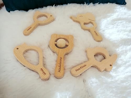 Personalized Wooden Baby Teether Rattle Set as a First Birthday Gift, ustomizable Newborn Baby Rattle Teether Baby Shower Gift, Welcome Baby Gift, 5 Pieces Montessori Wooden Babies Toys 0-6 Months - Image 3