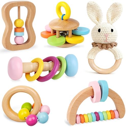 6 PCS Wooden Baby Rattle, Organic Colorful Baby Hand Rattles Set, Wood Rattles for Babies 0-6-12 Months, Wooden Teether Crochet Rattle Toy for Newborn Infant, Montessori Toys for Babies 0-6 Months by TUOWITA