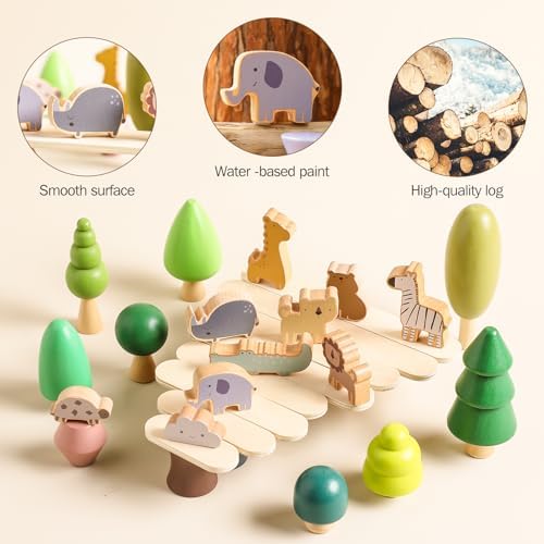 Wooden Animal Forest Balance Stacking Toy Set 36PCS Wood Miniature Tree Blocks Set Elegant Ornaments for Home Decor Wooden Mini Trees Animals Balance Toy for Toddler 36 Months+ - Image 5