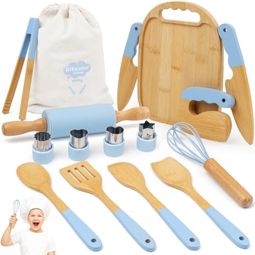 Wooden Kids Cooking Set Montessori Kit - Real Toddler Kitchen Tools & Baking Utensils - 30PCS Cooking Kit for Kids with Storage Bag, Great Gift for Pretend Play & Montessori Learning (Blue) by Unknown