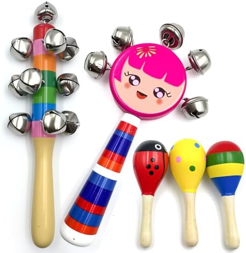 Wooden Jingle Hand Bells Set 20 Pcs Rainbow Stick Shakers Maracas Rattles for Kids Toddlers Babies Early Learning Musical Instrument Toys by Zaleny