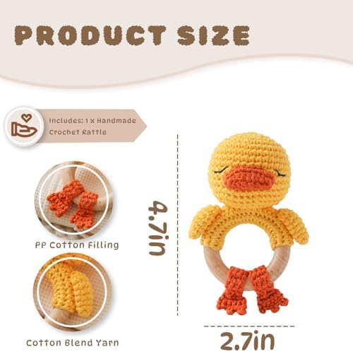 Moyii Handmade Crochet Baby Rattle Toy, 100% Organic Cotton Amigurumi Animal with Natural Beech Wood Teether Ring, Soft Sensory Newborn Toy, Montessori Nursery Gift for Boys & Girls - Image 3