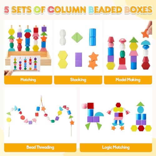 Montessori Wooden Toys, Lacing Beads & Stacking Block & Matching Shape Stacker, Montessori Wooden Beads Sequencing Toy Set, STEM Preschool Learning Toy Birthday Gift for 2 3 4 Year Old Toddler Gifts - Image 5