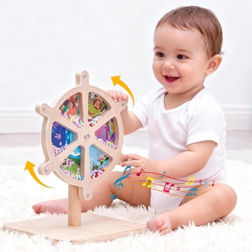 Spinning Activity Drum Toy with Sound, Montessori Wooden Sensory Toy for Babies, Perfect Birthday & Party Gift for 6-18 Months+ by Unknown