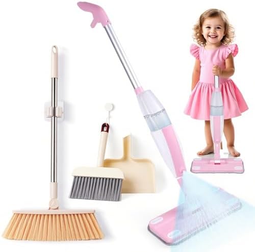 Kids Spray Mop,Toddler Mop Cleaning Set, Real Working Mini Mop & Kids Broom Dustpan Set, Housekeeping Pretend Play Toy, Montessori Kid Cleaning Toy Set Includes Organizer Clip -Pink by Lullulii