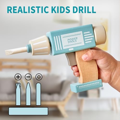 medoga Kids Tool Bench,Wooden Play Tools Set with Kids Tool Belt Workbench Pretend Construction Tools Set Wooden Toy Drill Gift for Boys & Girls Age 3-12 - Image 2