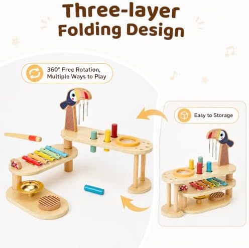 Foldable Musical Instruments Stage , 8-in-1 Montessori Wooden Toys Set Baby Musical Toys with Drum Set Xylophone Wind Chimes Cymbal, Toddlers Activity Table Birthday for Girls Boys - Image 4