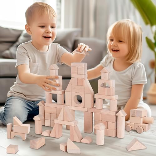 iPlay, iLearn Kid Wooden Building Block Toy Set, Toddler Natural Wood Block - Image 6