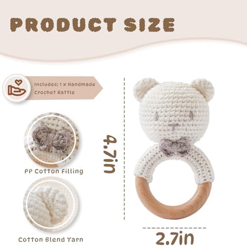 Moyii Handmade Crochet Baby Rattle Toy, 100% Organic Cotton Amigurumi Animal with Natural Beech Wood Teether Ring, Soft Sensory Newborn Toy, Montessori Nursery Gift for Boys & Girls - Image 3