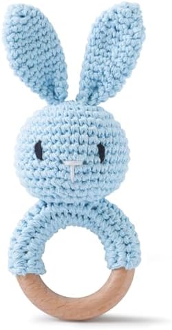 Moyii Natural Wooden Baby Rattle - Organic Crochet Bunny Teether Ring - Montessori Sensory Grasping Toy for Infants 0-12 Months, BPA-Free Handmade Newborn Shower Gift by Unknown