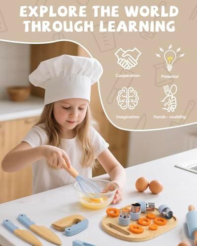 Wooden Kids Cooking Set Montessori Kit - Real Toddler Kitchen Tools & Baking Utensils - 30PCS Cooking Kit for Kids with Storage Bag, Great Gift for Pretend Play & Montessori Learning (Blue) - Image 6
