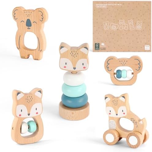 FReniland Wooden Montessori Toys, 5-Piece Wooden Baby Toy, Koala Baby Rattle, Fox Stacking Ring, Little Fox Push and Pull Toys,Koala Holding Toy,Newborn Baby Gift Sets for Boys and Girls by Freniland