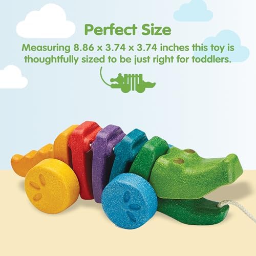 PlanToys® Rainbow Dancing Alligator Pull Toy for Toddlers | Eco-Friendly Wooden Toy with Click-Clack Sound | Walking Toy for Babies - Image 2