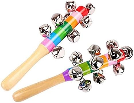 2 Pack Vivid Color Rainbow Handle Wooden Bells Jingle Stick Shaker Rattle 10 Jingle Bells Interactive Musical Bell by Dicanence