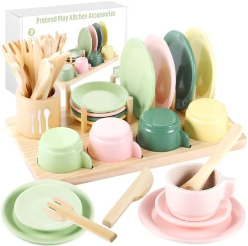 GAGAKU Wooden Play Kitchen Accessories - 25Pcs Montessori Play Dishes Set with Integrated Storage Stand, Bright Color Plates & Bowls, Pretend Cooking Toys for Ages 3-5, Educational Gift for Toddler by GAGAKU
