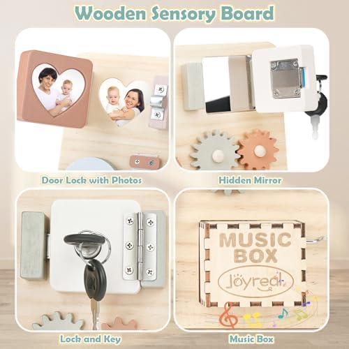 Joyreal Wooden Busy Board for Toddlers, Montessori Toys for 1 2 3 Year Old, Sensory Activity Board with Music Box & 12 Motor Skill Activities, Educational Travel Toys Gift for Boys Girls - Image 3
