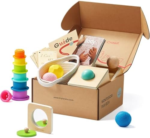 Tiny Land Montessori Toy Set for Babies 7-9 Months Senser Play Kit - 5-in-1 Wooden Learning Toys with Object Permanence Box, Sensory Ball, Stacking Cups and Mirror Puzzle,Body Board Book by TinyLand