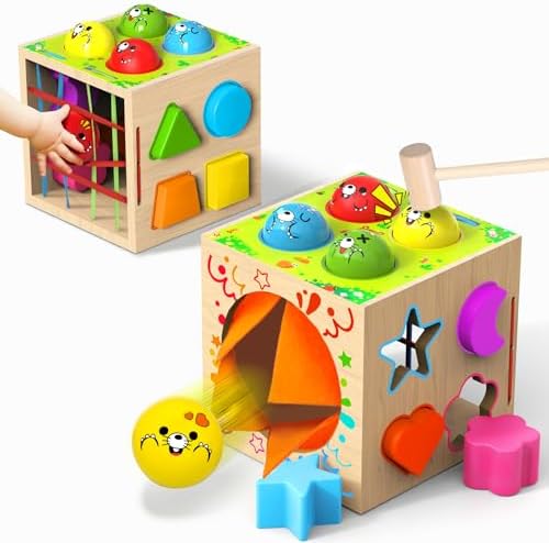 4-in-1 Montessori Toys for 1+ Year Old - Shape Sorting Activity Cube, Hammer Pounding Game, Baby Blocks & Sensory Toys for Toddlers 1-3, Wooden Toy Gift for 1 Year Old Boys and Girls by Tooysea
