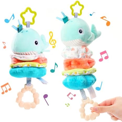 Jollybaby Baby Musical Pull String Hanging Toy for Stroller Car Seat Crib Play Gym, Plush Stuffed Whale Toy for Carseat with Music Teether Crinkle Paper, Sensory Toy for 0-6-12-18 Months Baby Gift by Jollybaby