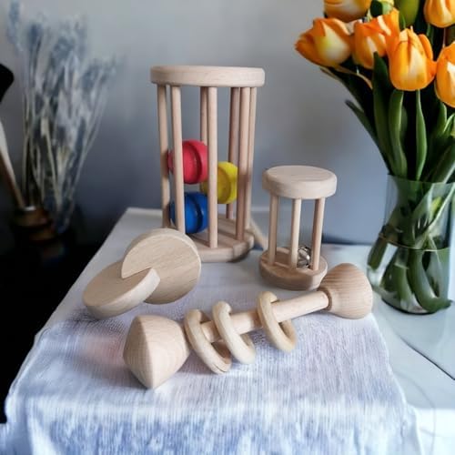 Montessori Wooden Baby Toy Set – Natural Beech Wood Sensory Toys for Infants (0–12 Months) | Rolling Drum, Wooden Rattles, Bell Shaker, Teether Rings | Non-Toxic, Handmade Development Toys - Image 2